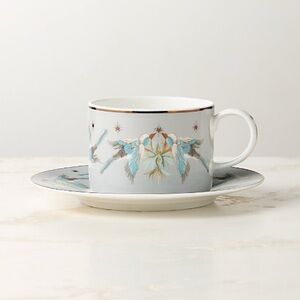 New! CB2 Elegant White and Blue Bone China Teacup with Saucer Set